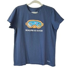 Life is Good Crusher Tee Women's Large Blue Short Sleeve Snorkel Beach Coral
